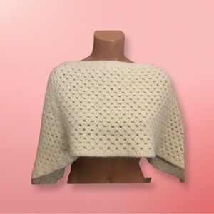 Vintage 80s Handmade Knitted Beige Poncho